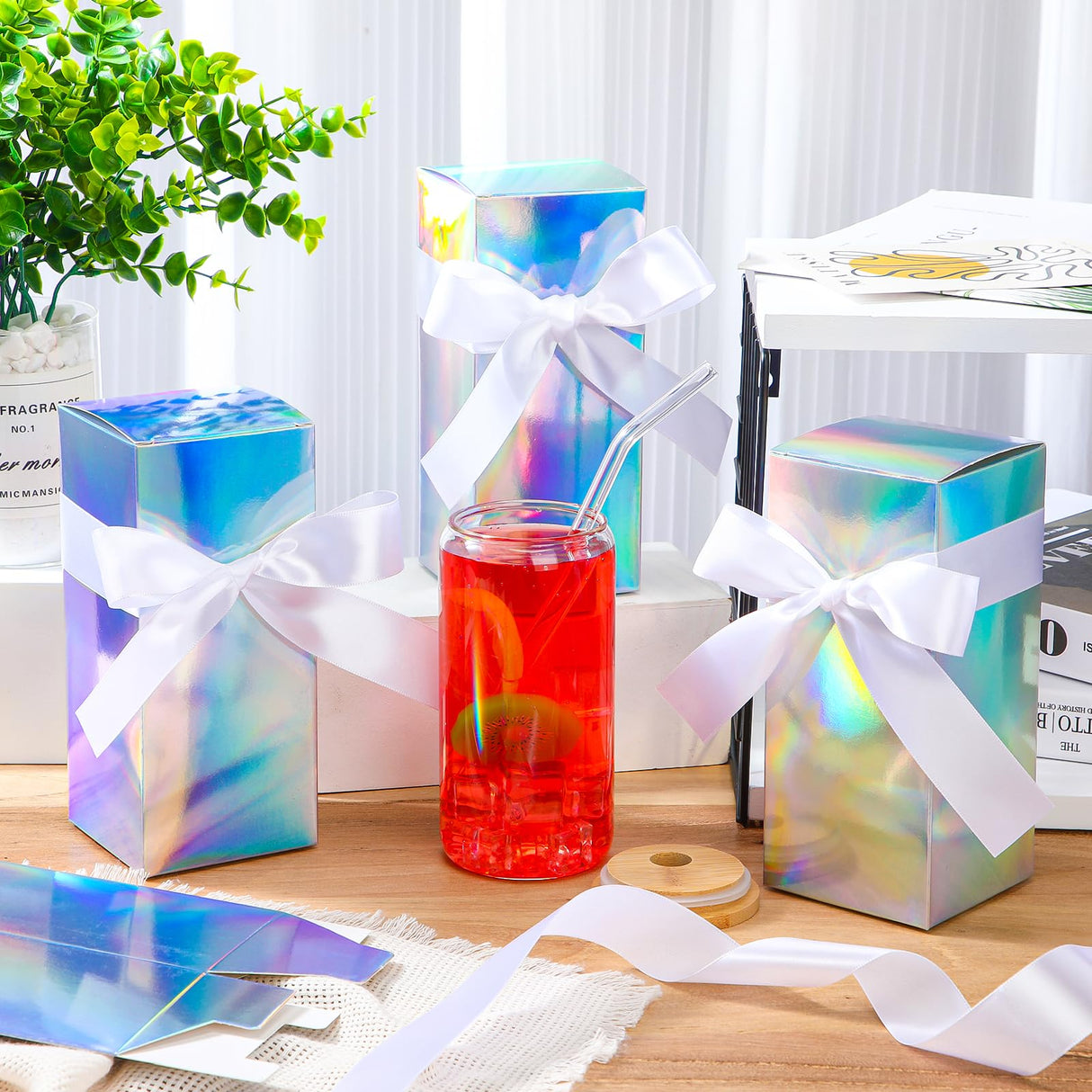 Fulmoon 12 Sets Sublimation Glass Gift Boxes Christmas Thank You Glass Cup Boxes with Ribbon Gift Wrap Boxes for Thanksgiving Christmas Shipping Blanks Sublimation Gift Wrapping (Laser) Fulmoon