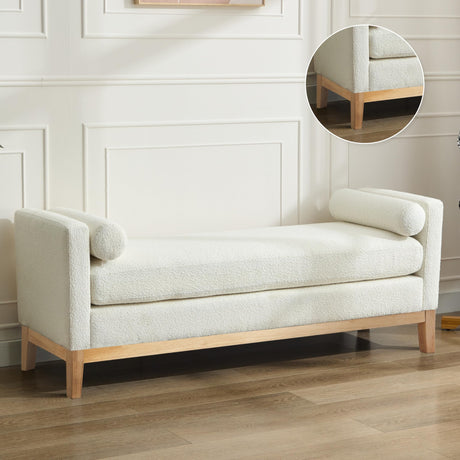 Aoiy & Wifon 66.34" W King Size Bench for End of Bed, Upholstered Bench with Pillows & Natural Wood Legs for Bedroom/Entryway/Living Room, Boucle, Ivory Aoiy & Wifon