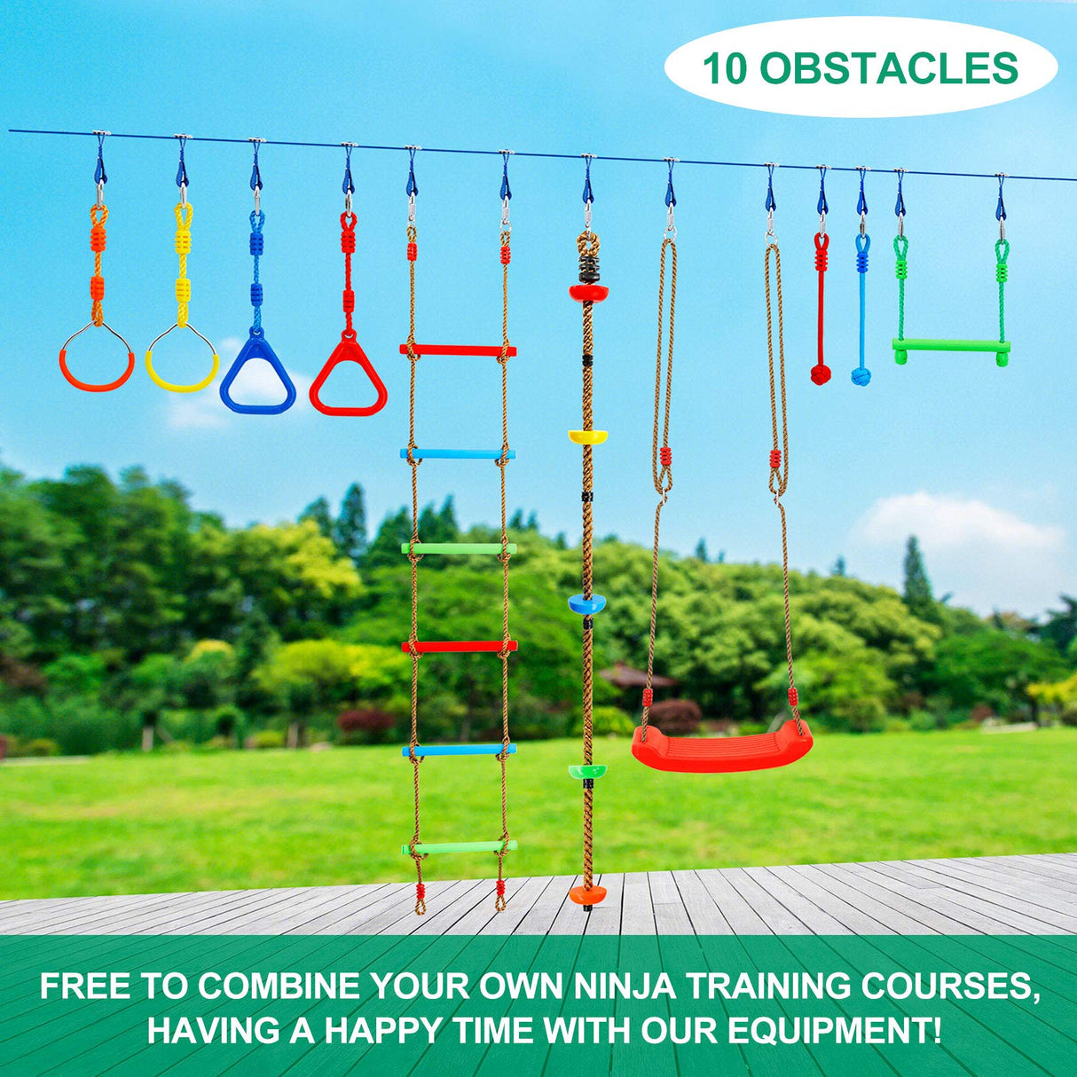 Kawuneeche Ninja Warrior Obstacle Course Kit for Kids Ninja Slackline with 10 Accessories Monkey Bars, Ladder, Climbing Rope, Gym Rings, Swing, Monkey Fist for Backyard Training Equipment Kawuneeche