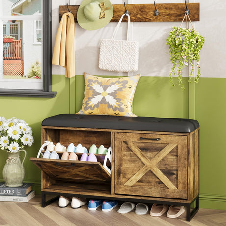 Maupvit Shoe Cabinet with 2 Flip Drawers & Coat Rack, Shoe Storage Bench with Seat Cushion for Entryway, 5 Large Sturdy Metal Hooks - with Locking Wall Parts, Farmhouse Brown Maupvit