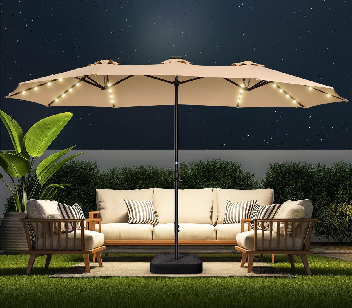 HOMSHADE Double Sided Patio Umbrellas - 15ft Solar Lights LED Lighted Outdoor Extra Large Market Table Umbrella with Base Included, Oversized Umbrella for Deck, Pool, Backyard (Beige) HOMSHADE