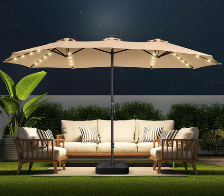 HOMSHADE Double Sided Patio Umbrellas - 15ft Solar Lights LED Lighted Outdoor Extra Large Market Table Umbrella with Base Included, Oversized Umbrella for Deck, Pool, Backyard (Beige) HOMSHADE