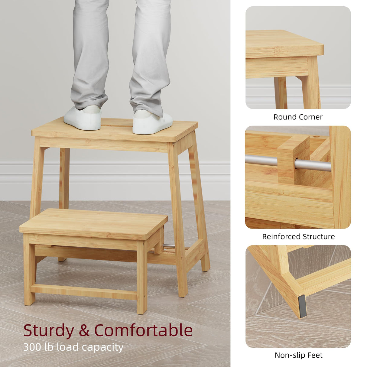 BEKVEM Bamboo Folding Step Stool with Sturdy Structure and Wide Stepping Surface for Safety, Multi-Purpose Foldable Step Stool, Step Ladder for Bathroom,Bedroom,Kitchen Step Stools for Adults 350 lbs BEKVEM