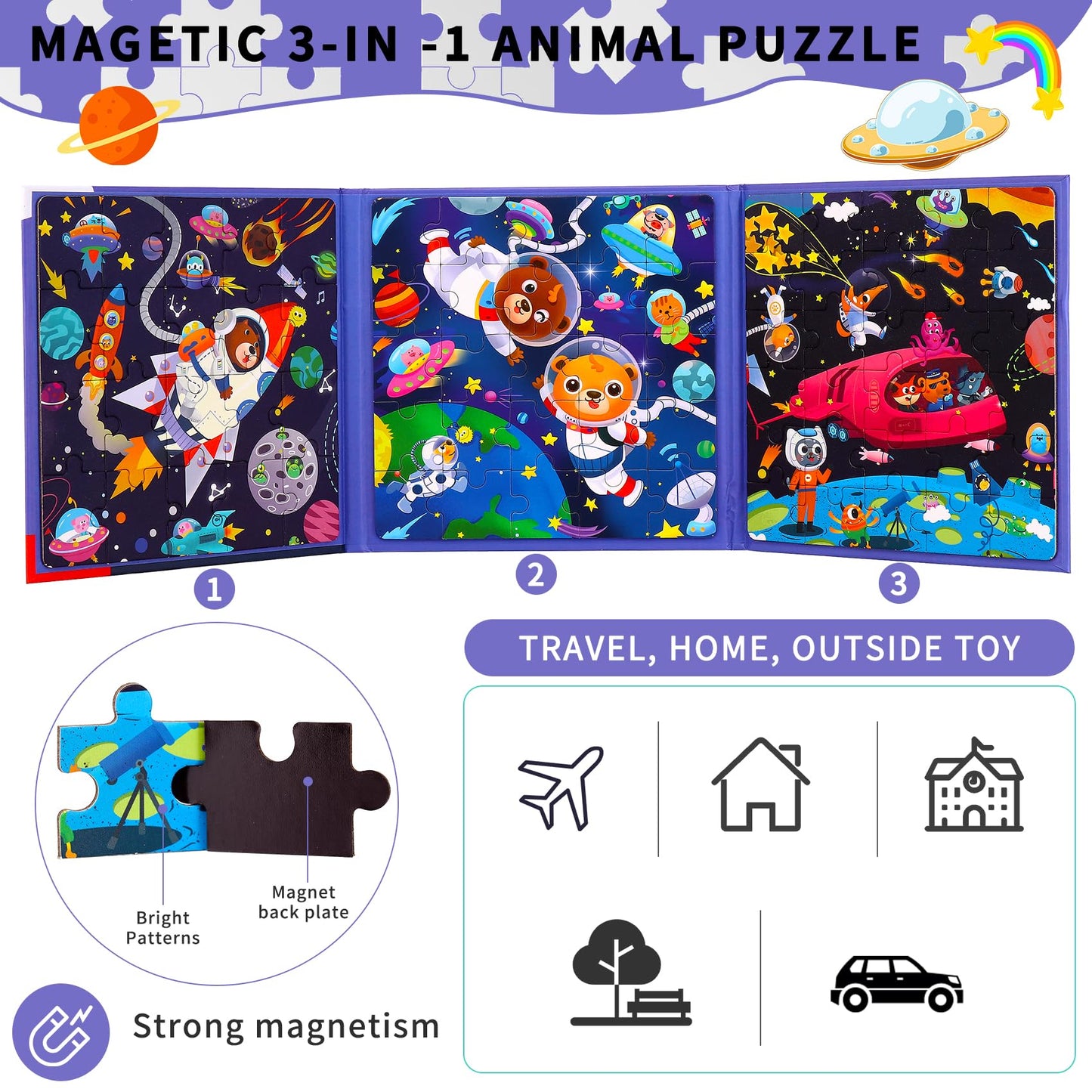 Magnetic Puzzles for Kids Ages 4-8 - 3 in 1-75 Pieces Magnet Jigsaw Puzzle Book for Toddlers Ages 3-5 Outer Ocean Magnetic Travel Puzzle Board Activities Toy for Boys and Girls for Christmas Toys