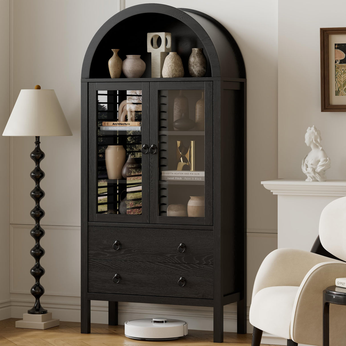 MECHYIN 71'' Tall Arched Cabinet, Arched Kitchen Pantry Cabinet with Doors, Wood Arch Storage Cabinets Display Bookcase with 2 Large Drawers and Adjustable Shelves, Versatile Cupboard for Living Room MECHYIN