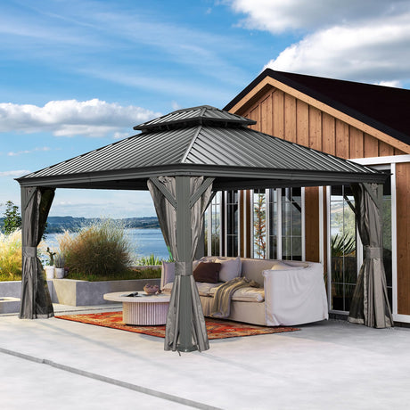 Domi 10x12FT Outdoor Gazebo, Hardtop Gazebo with Galvanized Steel Double Roof, Metal Gazebos with Drainage System Patio Pergola for Patio Deck Backyard,Curtain and Netting,Gray domi outdoor living
