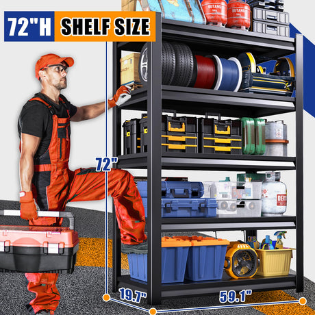 LLIIFFEE Garage Shelving,5 Tier Metal Shelving Unit,Adjustable Storage Shelves Rack,3500LBS Heavy Duty Garage Shelves,Office,Warehouse,Basement,Black (72''H x 59.1''W x 19.7''D) LLIIFFEE