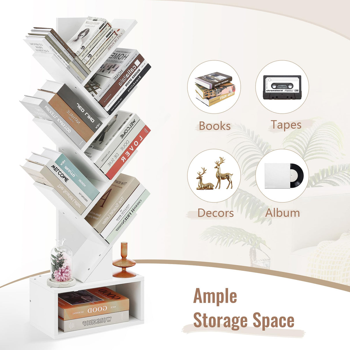 Hoctieon 6 Tier Tree Bookshelf, Tall Bookcase with Drawer, Freestanding Book Shelf, Display Floor Standing Storage Shelf, Book Organizer Shelves for Home Office, Living Room, Bedroom, White Hoctieon