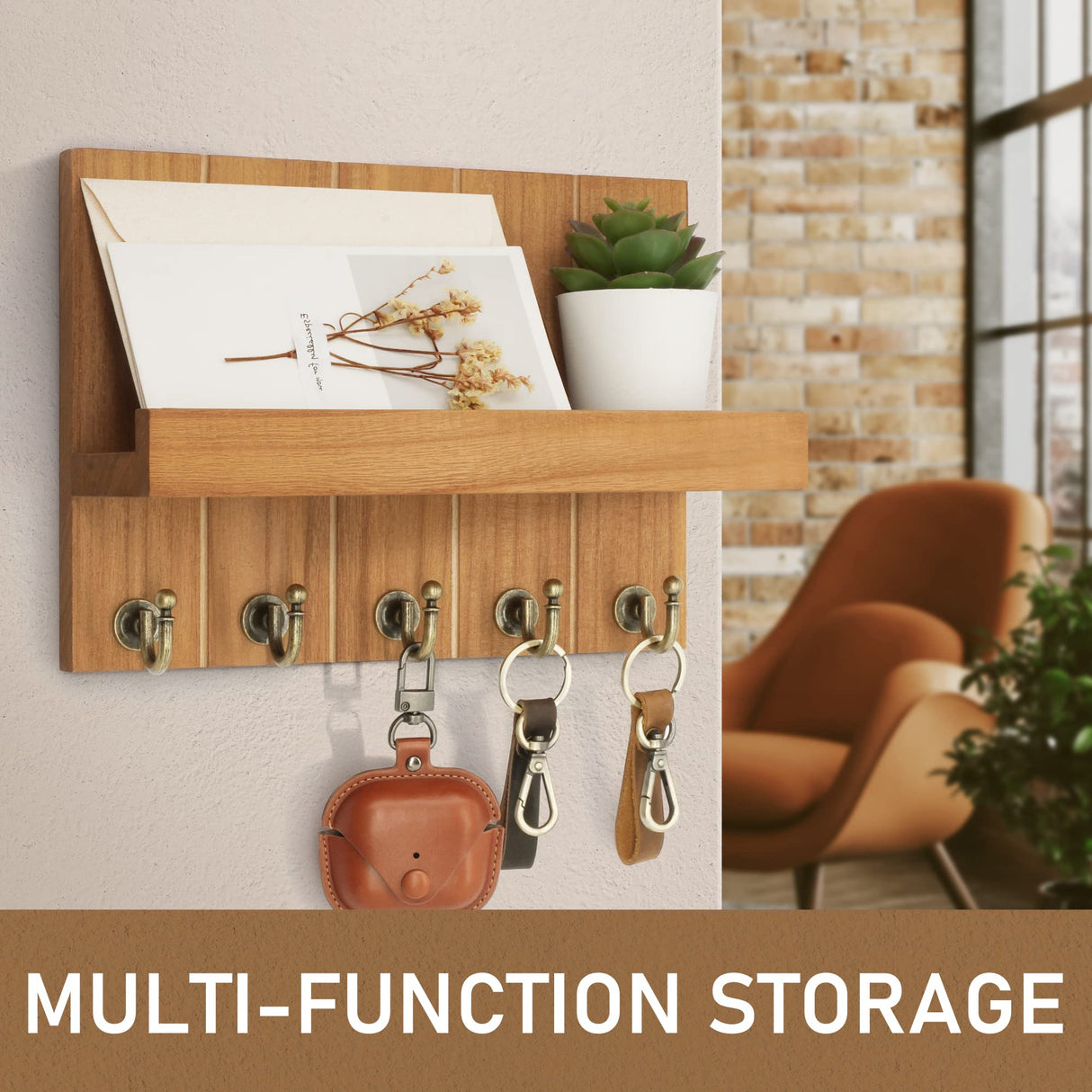 Rebee Vision Farmhouse Key Holder for Wall - Decorative Farmhouse Wall Shelf with Key Hooks and Mail Organizer Wall Mount for Apartment Essentials - Rustic Living Room Decor (Light Brown) Rebee Vision