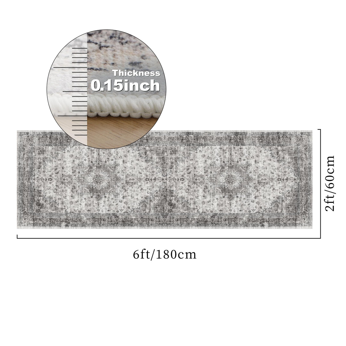 Hallway Runner Rug Washable Carpet: 2x6 Non Slip Vintage Rug with Rubber Backing Long Floor Mat for Kitchen Laundry Entryway Bathroom (Grey, 2'x6') KINOGIC