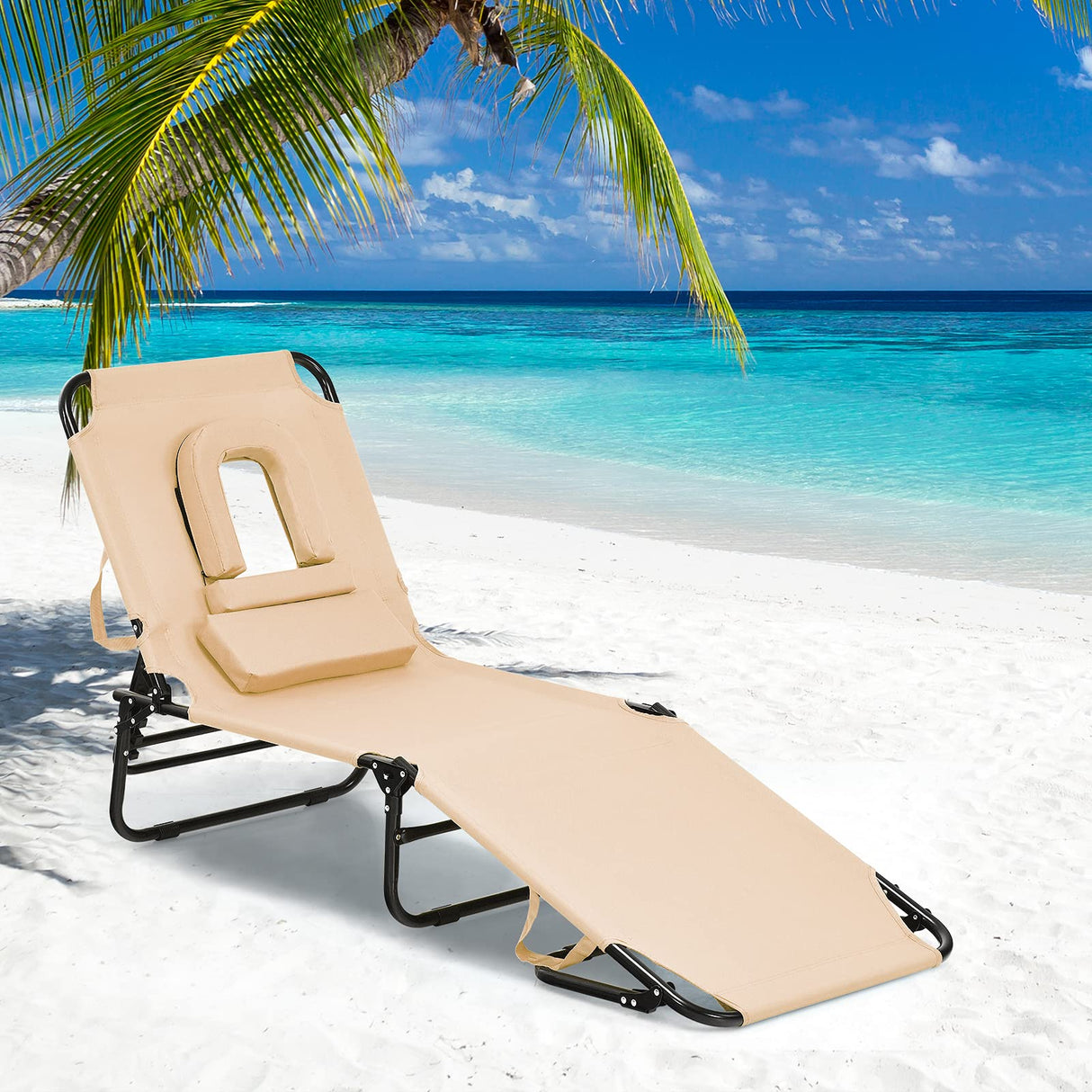 gotoplay Folding Beach Lounge Chair w/ 5 Adjutable Backrest & Padded Pillow, Sunbathing Lounger Chair, Sun Tanning Lay Flat Chair for Seaside Pool Deck, Max Load 330 LBS, No Assembly Required (Beige) gotoplay