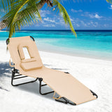 gotoplay Folding Beach Lounge Chair w/ 5 Adjutable Backrest & Padded Pillow, Sunbathing Lounger Chair, Sun Tanning Lay Flat Chair for Seaside Pool Deck, Max Load 330 LBS, No Assembly Required (Beige) gotoplay