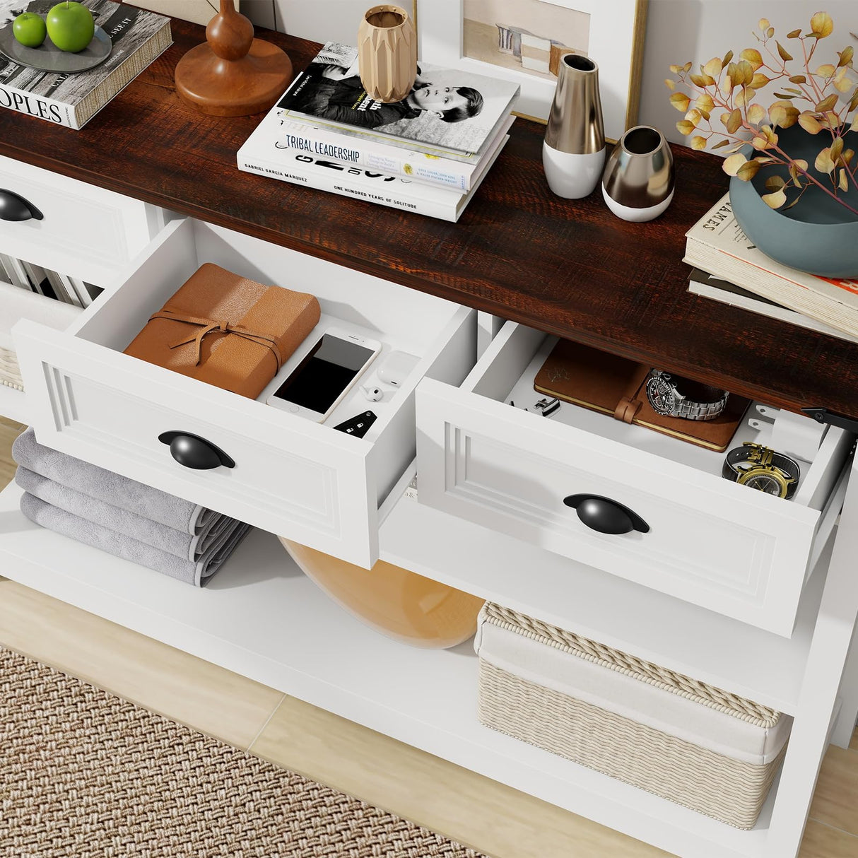 Vabches Sofa Table with 3 Drawers, Farmhouse Narrow Wood Accent Console Table Entryway Table with Storage Shelf for Entryway, Living Room, Foyer, Unique Design, White Vabches