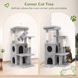 Globlazer FC50 Cat Tree Tower for Indoor Cats, 50-inch Adult Cat Tree House for Large Adult Cats with Steps, Scratching Post, 2 Cat Caves, Dangling Toys, Light Grey Globlazer