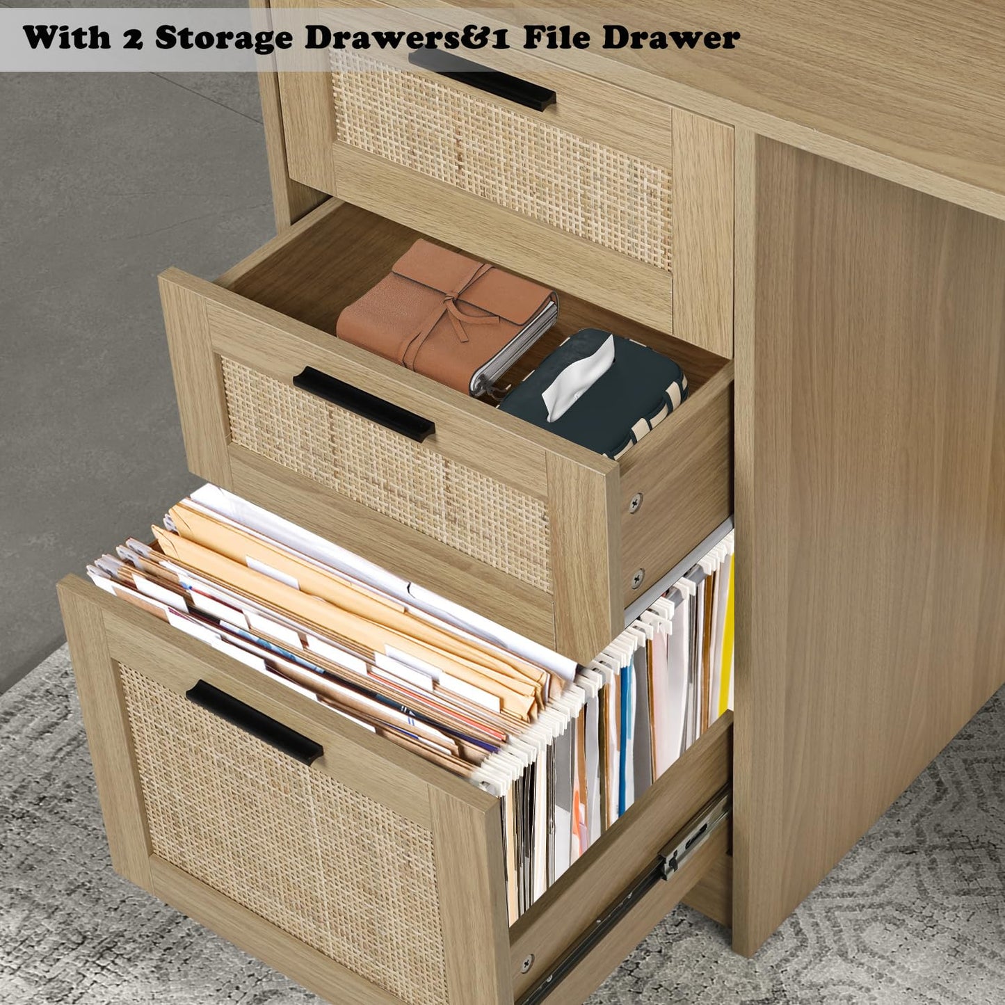 ENSTVER Computer Desk with Drawers and Hutch Shelf,Home Office Small Desk with Storage File Drawers,Boho Rattan Writing Study Table for Bedroom