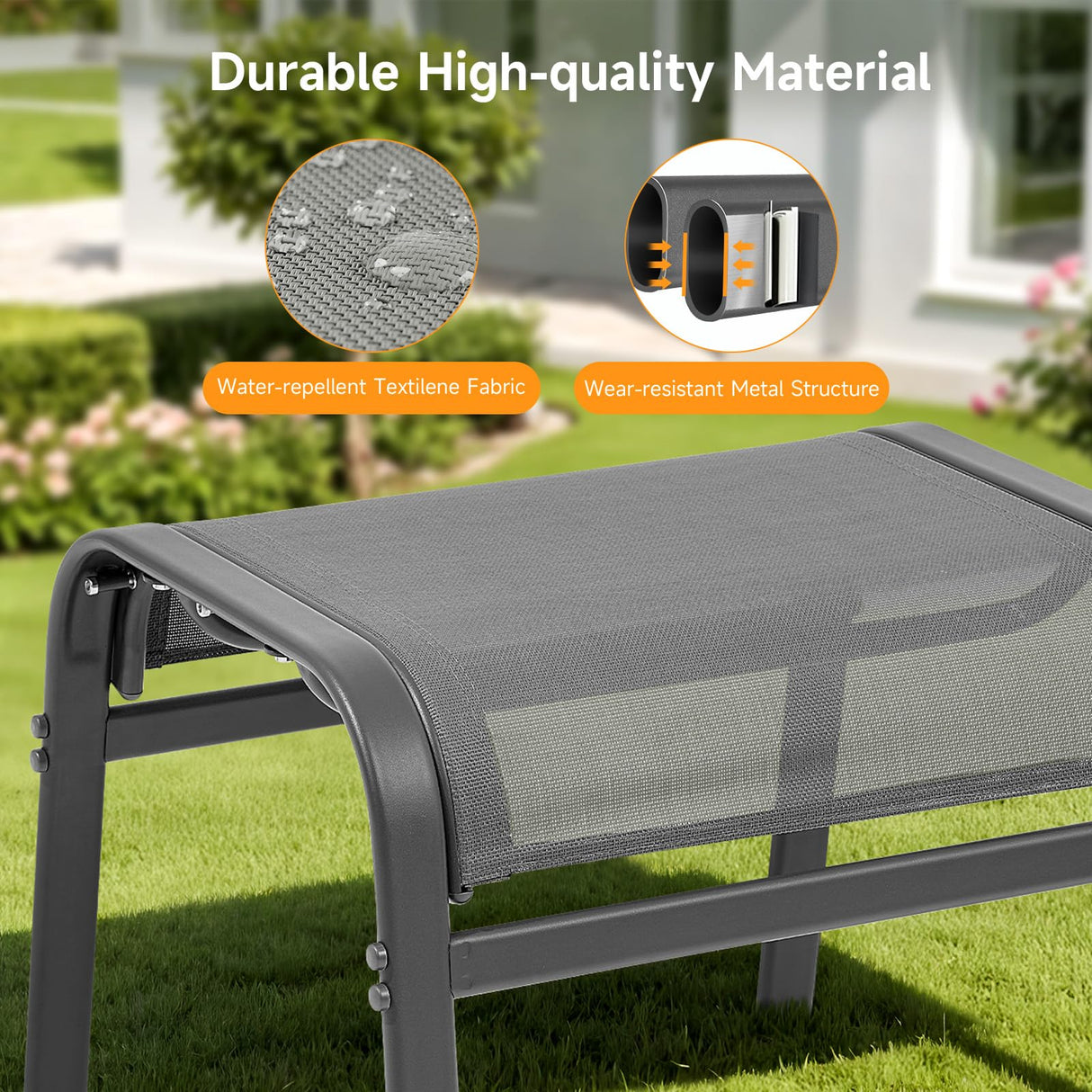 ONBRILL Outdoor Ottoman Set of 2, All Weather Outdoor Foot Stool with Supportive Textliene and Metal Frame, Stackable Oversized Outdoor Foot Rest for Furniture Patio Garden Pool, Grey ONBRILL