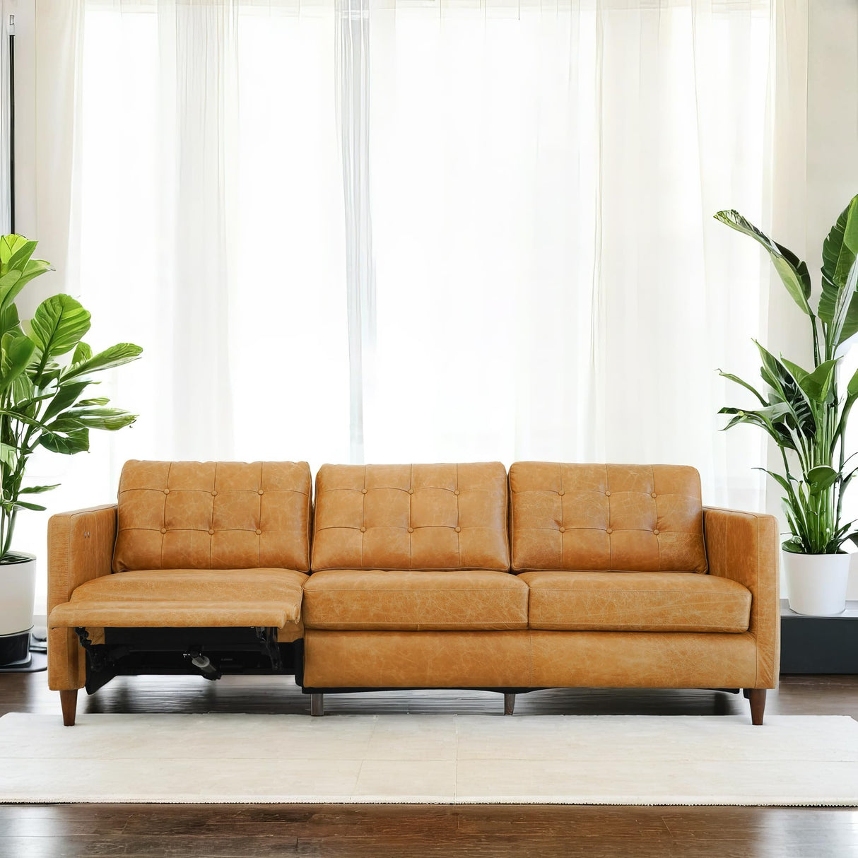 Ashcroft Furniture Co Brown Leather Reclining Couch Sofa - Mid Century Modern Button Tufted Left Facing Power Recliner Couches for Living Room, Apartment, Loft, and Office, Ludwig Ashcroft Furniture Co