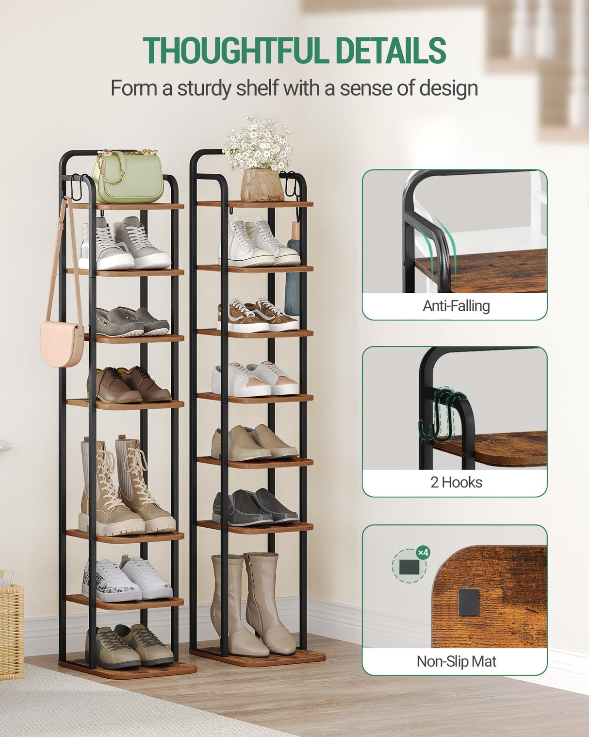 Hzuaneri 8 Tiers Vertical Shoe Rack, Narrow Shoe Tower, Tall Shoes Shelf with 2 Hooks, Adjustable Shelves, Corner Shoes Shelves for Small Spaces, Entryway, Living Room, Rustic Brown SR04301B Hzuaneri