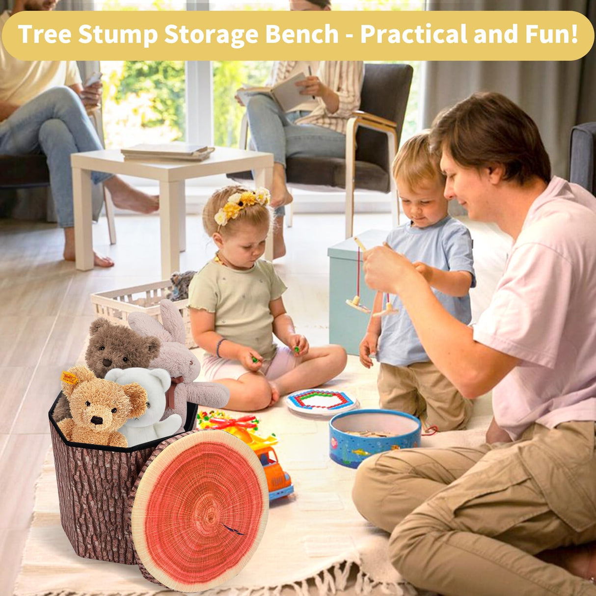 Round Storage Ottoman Cube, Tree Stump Stool, Forest Decor, Multifunctional Toy Storage Box, Cute Foldable Ottoman Stool, Tree Stump footstool Ottoman Storage, 11" Small Foot Stool, Toy Chest Storage Hoohnnaa