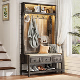 MDGC Farmhouse Hall Tree with Cushioned Bench and Shoe Storage for Mudroom, Hallway, Living Room,4-in-1 Entryway Bench with LED Lights,Motion Sensor,Coat Rack and 3 Drawers,Dark Rustic Oak MDGC