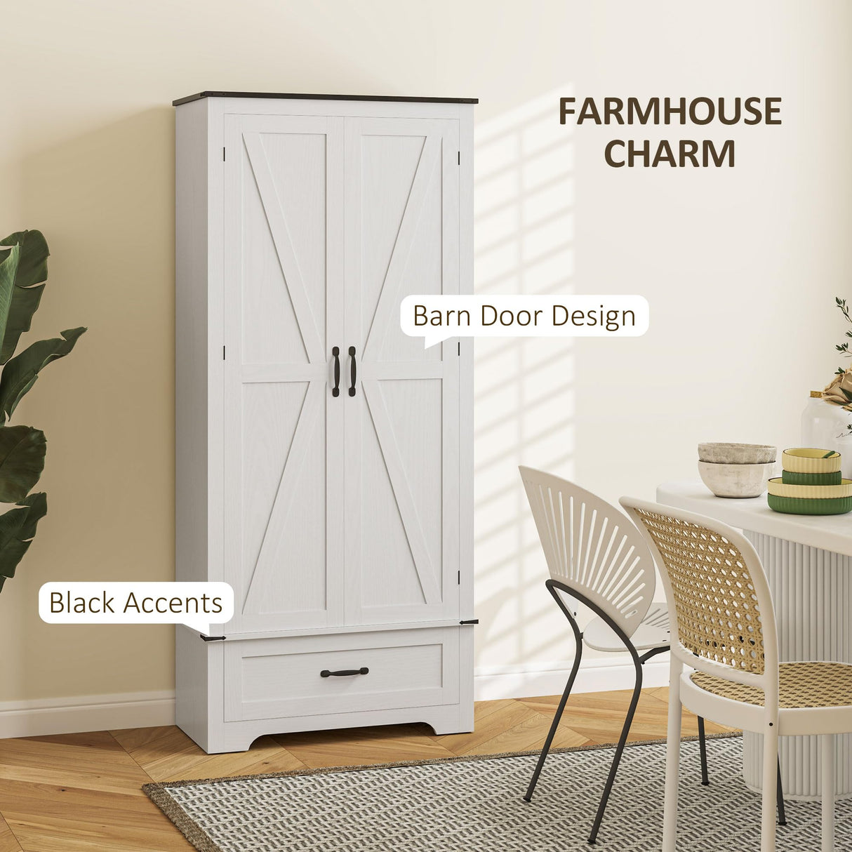 HOMCOM 72" Tall Farmhouse Kitchen Pantry Cabinet - Kitchen Storage Cabinet with Adjustable Shelves & 2 Barn Doors & Drawer, Versatile Storage Unit for Dining Room, Distressed White HOMCOM