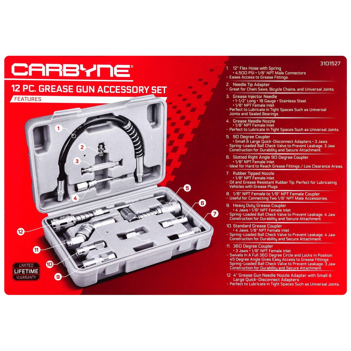 Carbyne 12 Piece Grease Gun Accessory Set | All-in-One Set: Couplers, Nozzles, Adapters and Flex Hose with Durable Storage Case • from a Family-Run Tool Company Based in The U.S.A. Carbyne