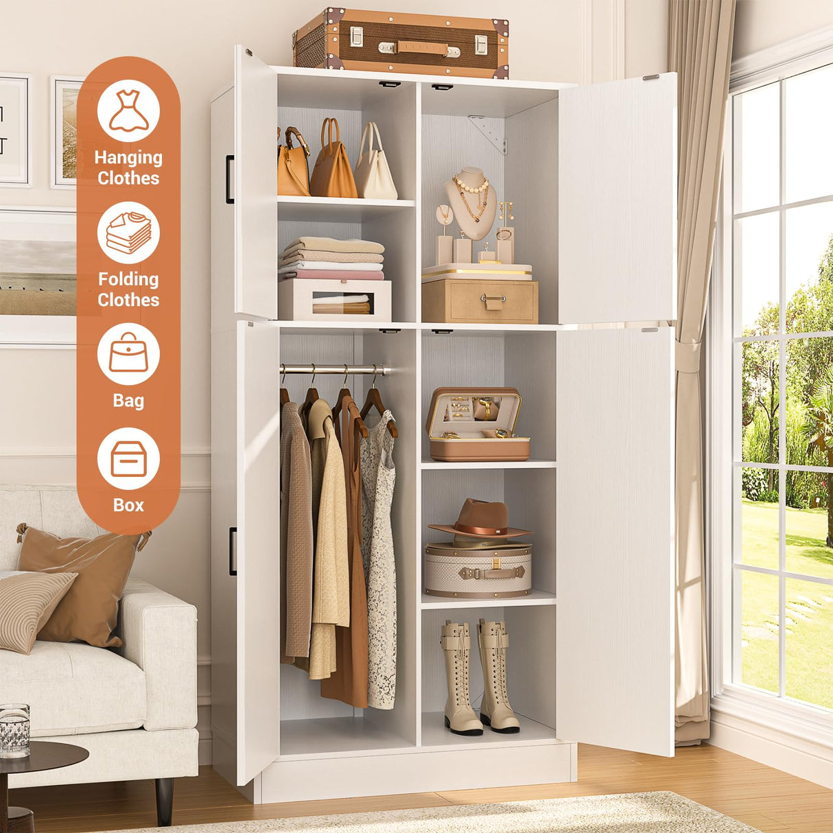 Unikito 71'' Farmhouse Wardrobe Closet with Hanging Rod, 4 Barn Door Clothing Storage Cabinet with Adjustable Shelves, Freestanding Wardrobe Cabinet for Bedroom, Living Room, Cloak Room, Office, White Unikito