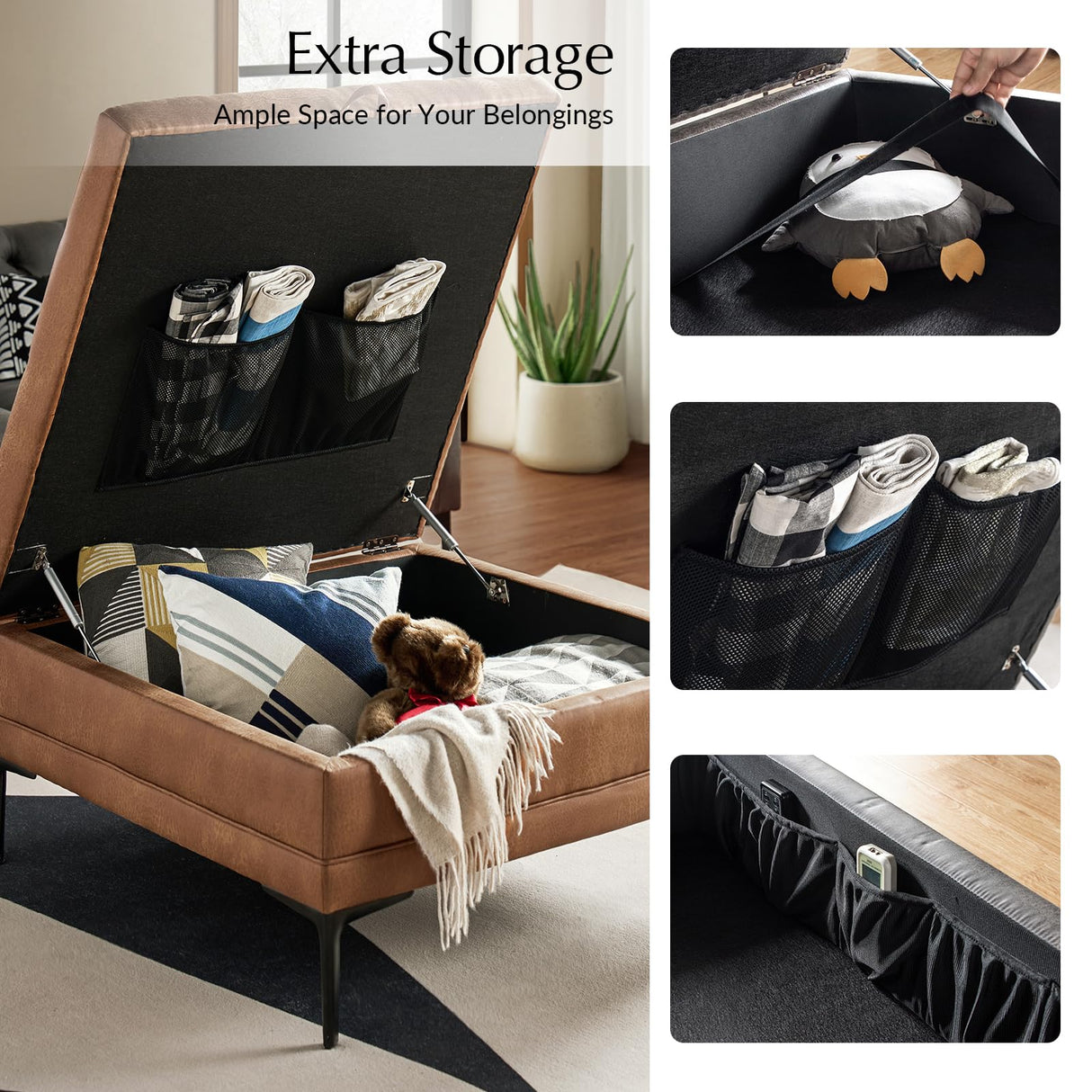 HULALA HOME Faux Leather Coffee Table, 36.5" Square Storage Ottoman with Metal Legs, Button-Tufted Coffee Table with Storage for Living Room, Camel HULALA HOME