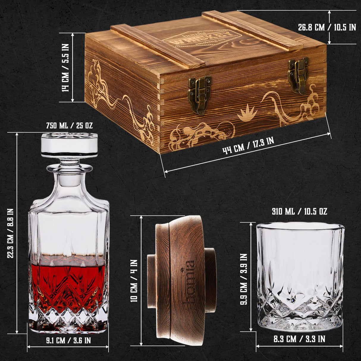 Whiskey Gift Set, 14 pcs - Whiskey Decanter + Wooden Smoker + Old Fashioned Glasses - 2 pcs, in Wooden Box with Wood Chips, Whiskey Stones 6 pcs Included - Gift for Men (Torch Not Included) homia