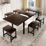 Feonase 7-Piece Dining Table Set with 6 Stools, 63 Inch Extendable Kitchen Table for 4-8, Kitchen Room Set with MDF Board & Metal Frame, Farmhouse Table, Space-Saving, Espresso Feonase