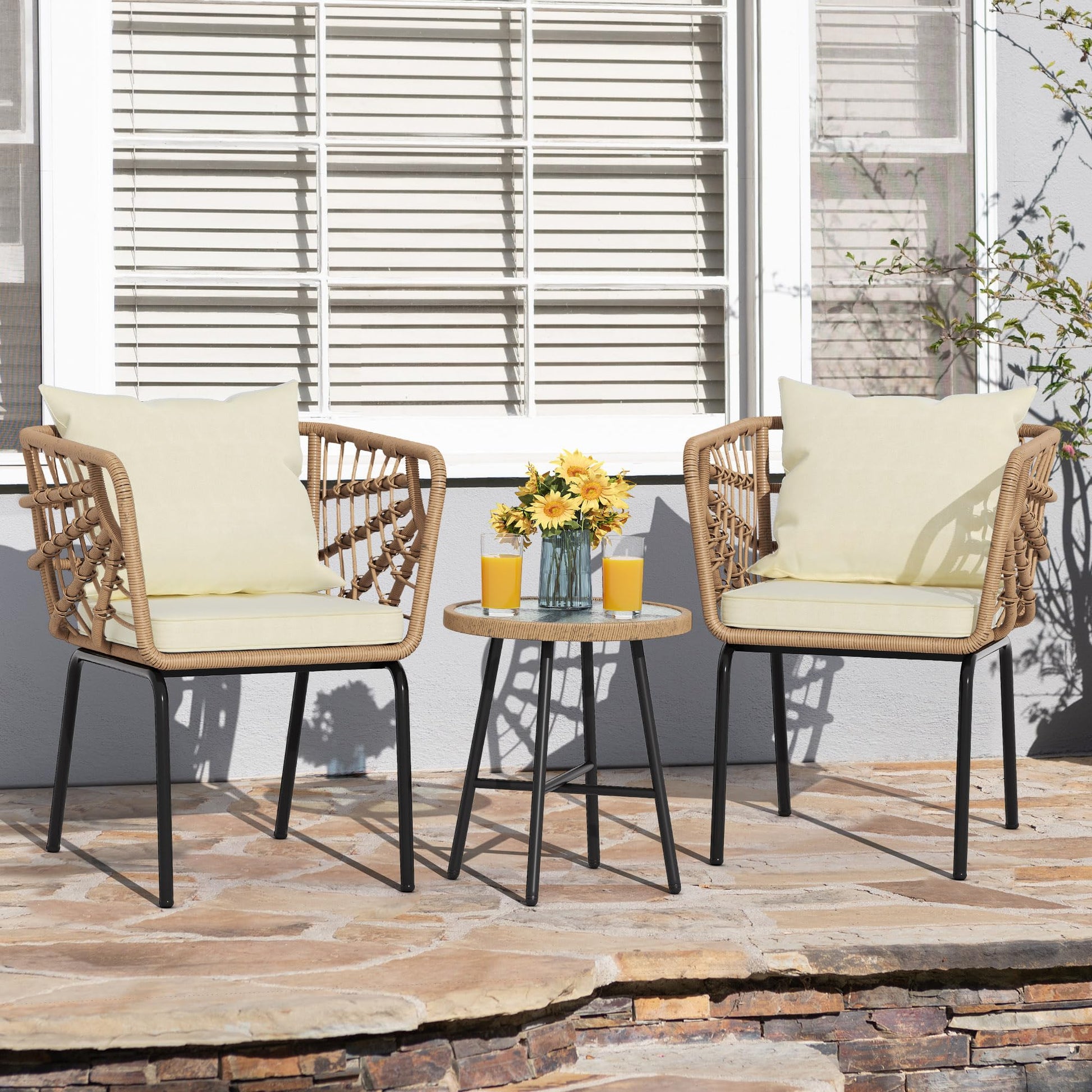 YITAHOME 3 Pieces Outdoor Wicker Patio Conversation Bistro Set, All-Weather Patio Furniture Set with Table & Cushions, Outdoor Sectional Sofa for Patio, Balcony, Backyard, Deck, Beige - WoodArtSupply