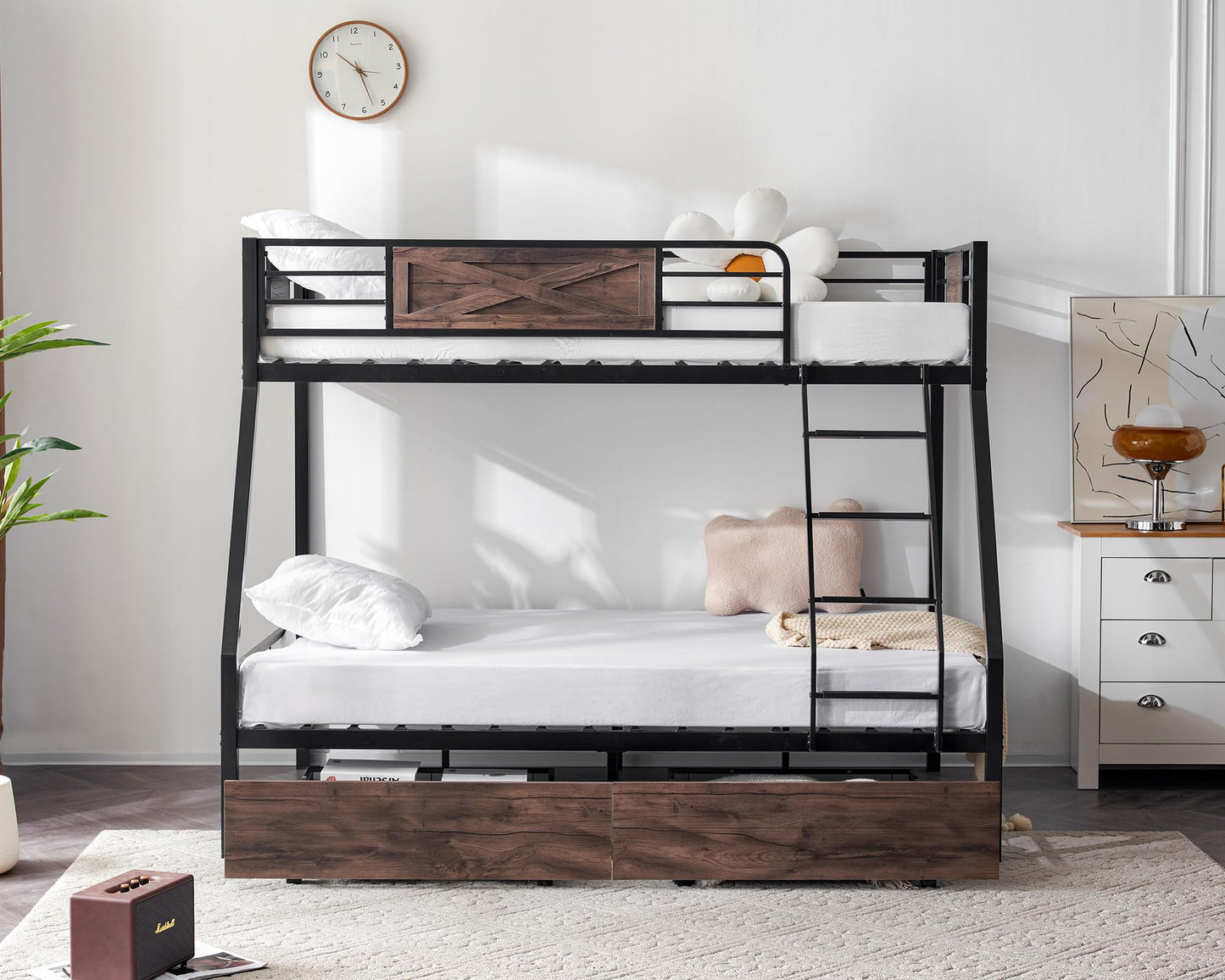 VINGLI Bunk Bed Twin Over Full Size with 2 Storage Drawers/Flat Rungs/Inclined Ladder, Heavy Duty Metal Slat Support, No Box Spring Needed, Black/Industrial Brown