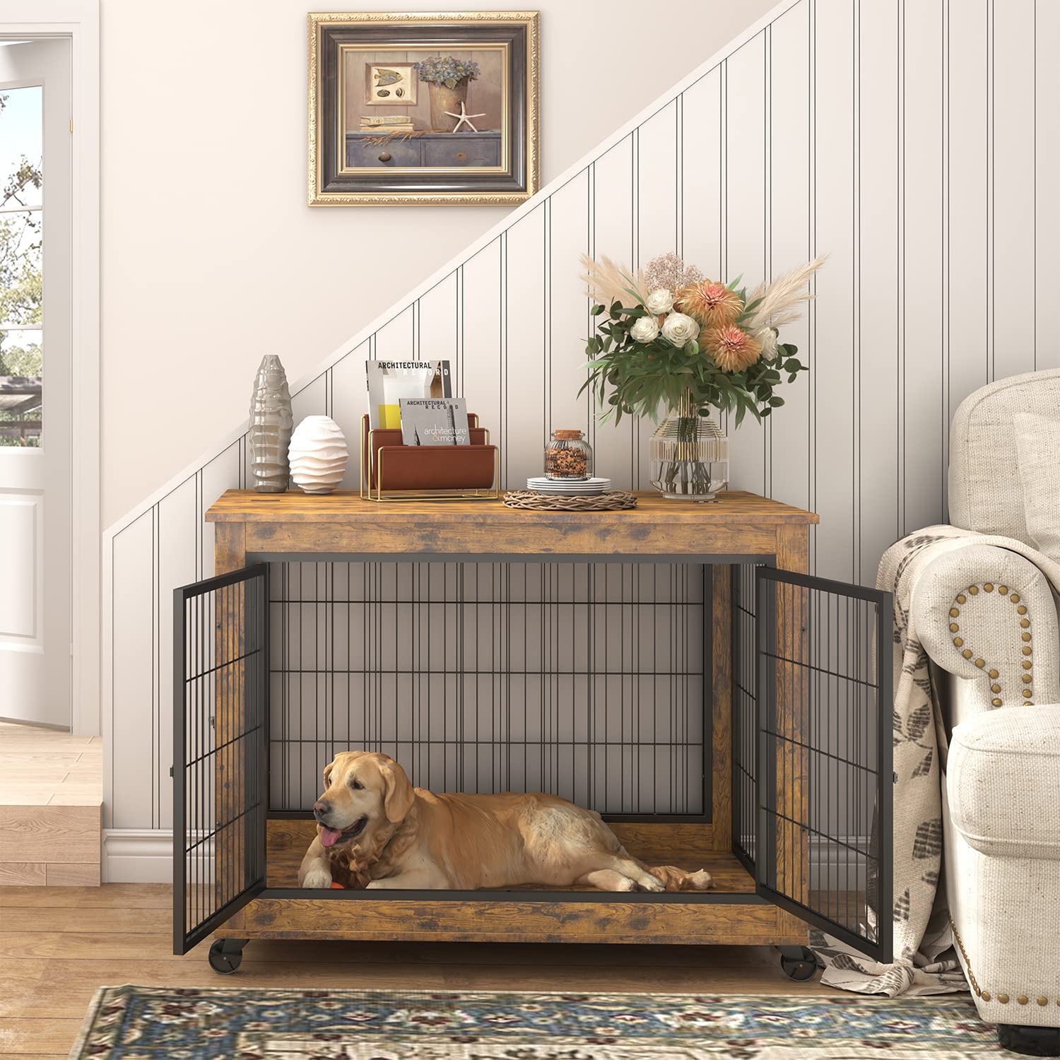 IchbinGo Wooden Dog Crate Table Furniture, 38.5" Dog Kennel with 3 Doors, Flip-up Top Opening and Wheels, Decorative Pet Crate Dog House for Large/Medium/Small Dog Indoor Use (Rustic Brown) - WoodArtSupply