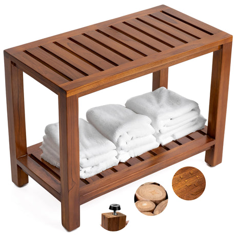 Teak Shower Bench - with Shelf, 25 Inch, Wooden Seat Stool for Bathroom, Spa, Garden, Fully Assembled, The Akar 25 The Teaky Hut