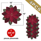 OWENIE Christmas Placemats Set of 4, Poinsettia Table Mats with Embroidered and Applique Velvet Fabric, 16 Inch x 16 Inch Diecut Placemat for XMAS Holiday Tabletop, Round Doilies for Dining Table, Red OWENIE
