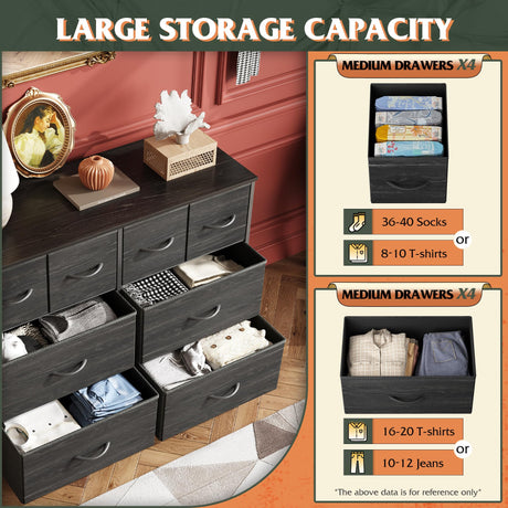WLIVE Dresser for Bedroom with 8 Drawers, Wide Fabric Dresser for Storage and Organization, Bedroom Dresser, Chest of Drawers for Living Room, Closet, Hallway, Charcoal Black Wood Grain Print WLIVE