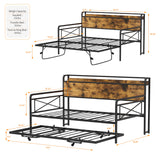 VINGLI Daybed with Trundle Twin, Metal Daybed Frame with Pop-up Trundle Bed and Charging Station,Day Bed with Wooden Storage Headboard & LED Lights, for Kids Room, Living Room, Bedroom, Brown VINGLI