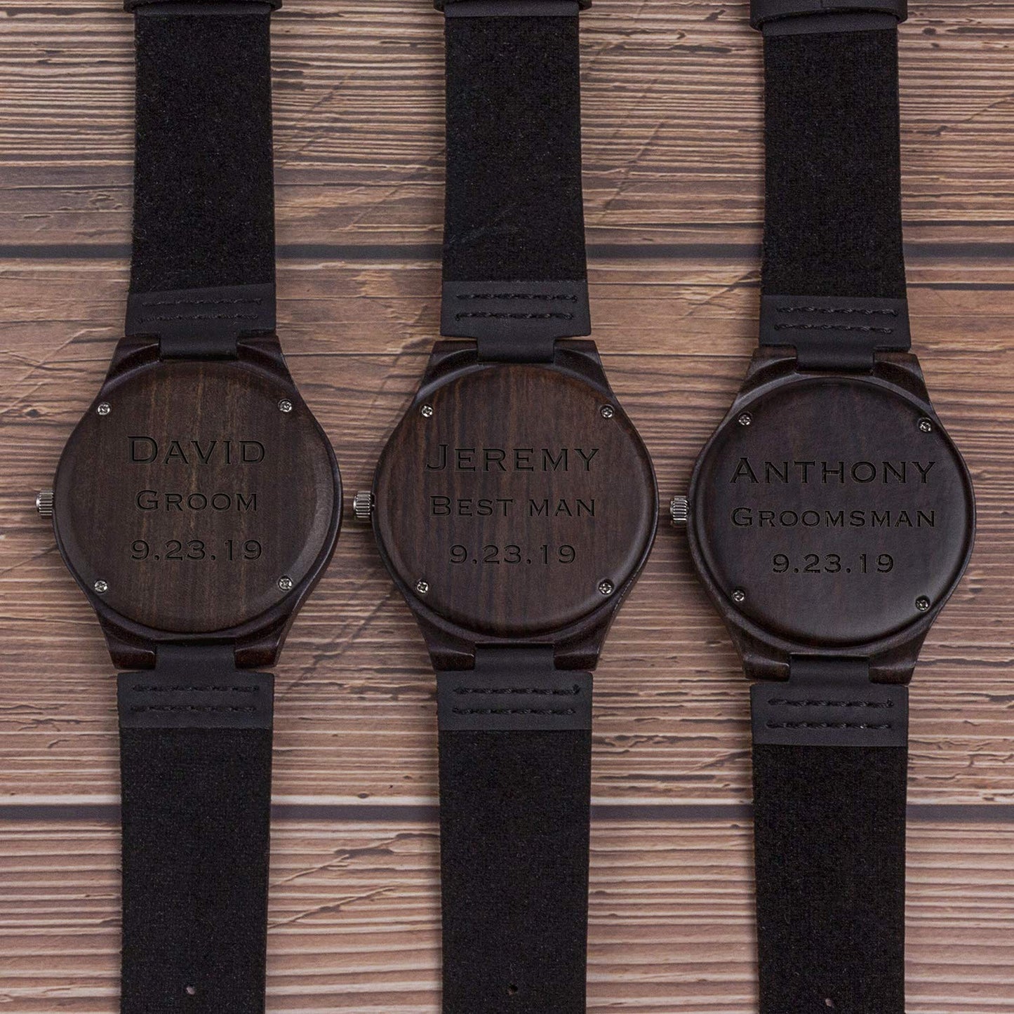 KOSTING Set Groomsmen Gift - Groomsman Gifts for Wedding, Wedding Favor Customized Wood Watch w Gift Box - Engraved Black Leather Strap Wooden Watch Custom Personalized Groomsmen Gifts for Me - WoodArtSupply