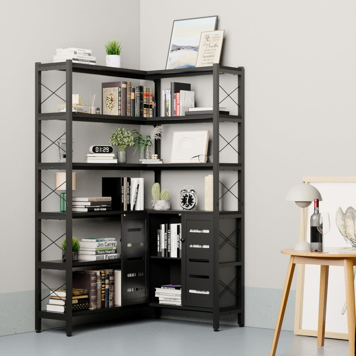GLAUBIO 6 Tier Small Corner Bookshelf with Storage Cabinet,L Shaped Black Bookshelf with Doors,Industrial Corner Plant Stand,Corner Book Shelf,Small Bookcase for Living Room, Home Office GLAUBIO