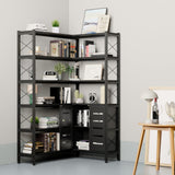 GLAUBIO 6 Tier Small Corner Bookshelf with Storage Cabinet,L Shaped Black Bookshelf with Doors,Industrial Corner Plant Stand,Corner Book Shelf,Small Bookcase for Living Room, Home Office GLAUBIO