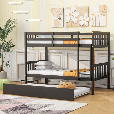 DNChuan Twin Over Twin Bunk Bed with Trundle,Triple Bunk Bed Convertible Into 3 Platform Beds,3-in-1 Beds with Headboard and Footboard,Wooden Frame for Kids Adults-Espresso DNChuan