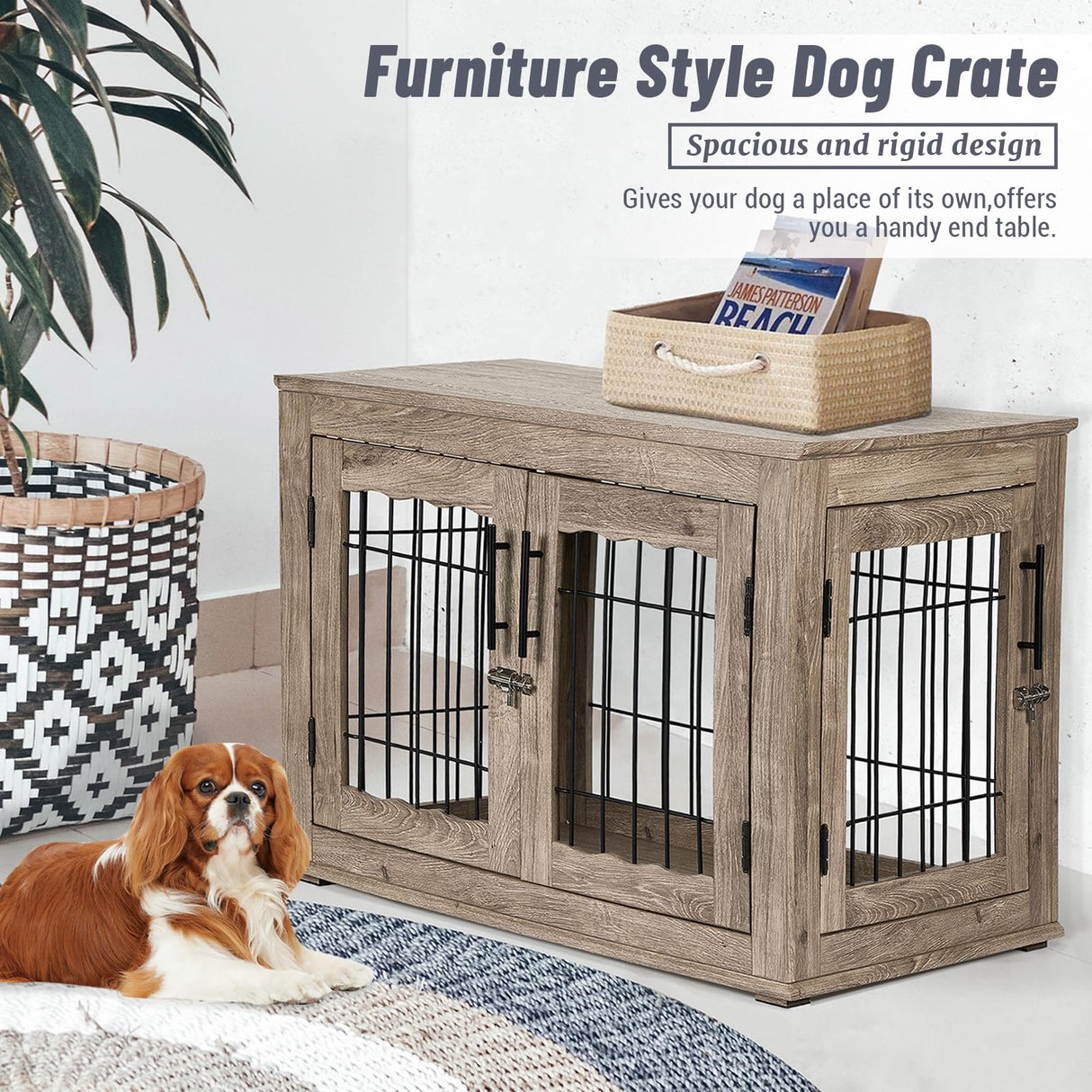 Upolana Dog Crate Furniture with Bed, Wooden Dog Kennel Furniture End Table Dog Crate with 3 Doors, Indoor Solid Wood Dog Cage Upolana