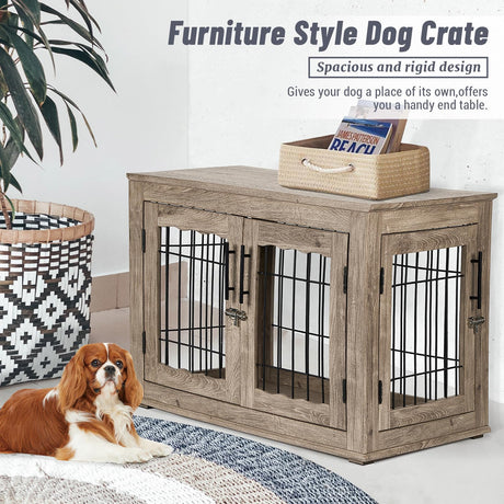 Upolana Dog Crate Furniture with Bed, Wooden Dog Kennel Furniture End Table Dog Crate with 3 Doors, Indoor Solid Wood Dog Cage Upolana