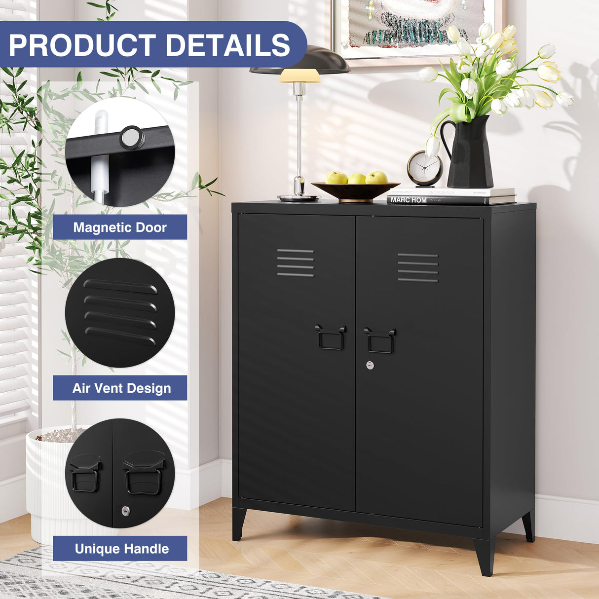 LISSIMO Metal Storage Cabinet,Home Office Cabinet with Doors and Adjustable Shelves,Locking Cabinet with Adjustabl Leg Levelers Assembly Required(Black) LISSIMO