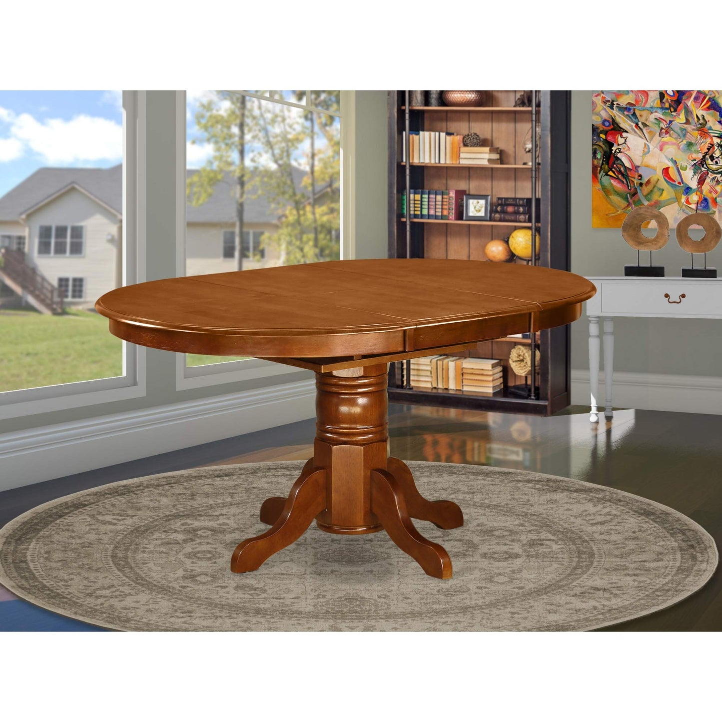 East West Furniture AVT-SBR-TP Avon Kitchen Dining Table - an Oval Wooden Table Top with Butterfly Leaf & Pedestal Base, 42x60 Inch, Saddle Brown - WoodArtSupply