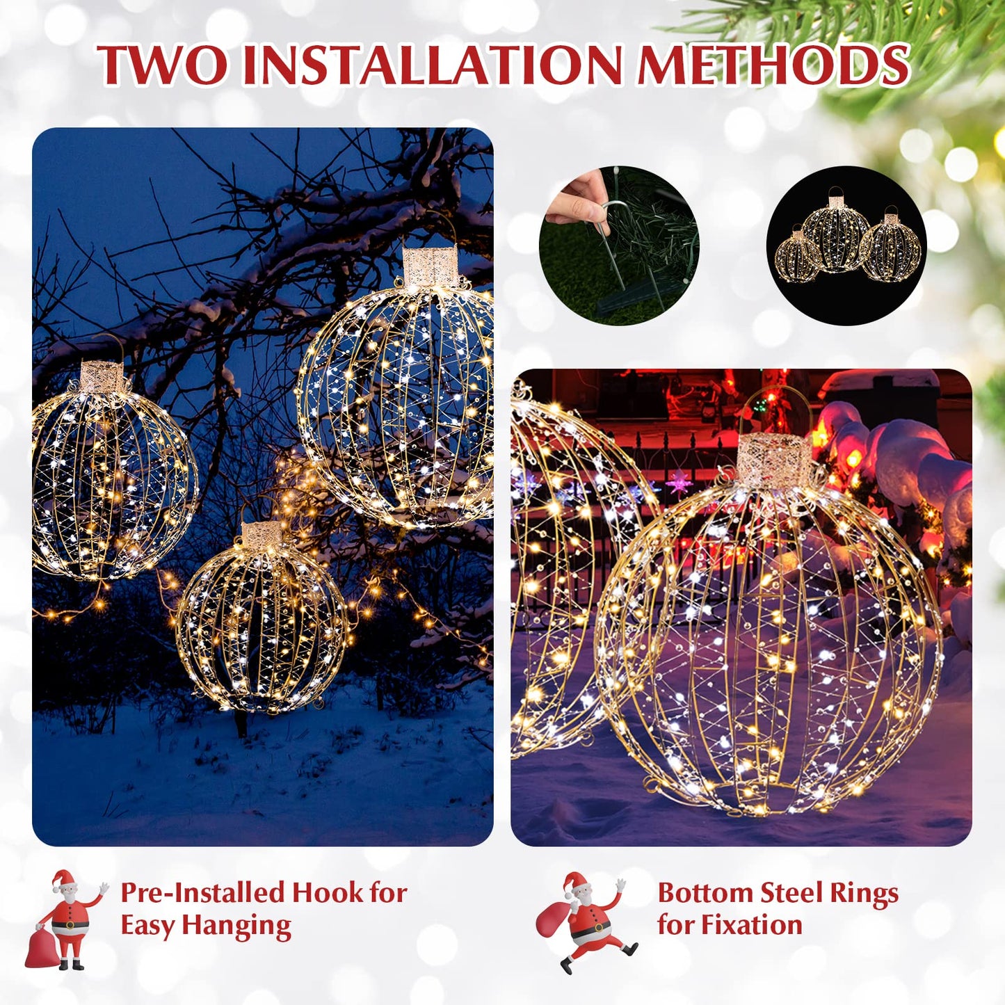 Tangkula Christmas LED Light Balls for Tree (3 Pack), Outside Lighted Sphere with 180 Warm White & 180 White LED Lights, Holiday Lighted Decorations, Christmas LED Light Balls for Indoor Outdoor Decor