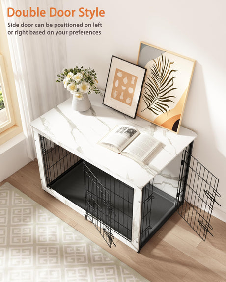 Megidok Wooden Dog Crate Furniture with Cushion,Large Dog Crate End Table with Tray, Double Doors Kennels Indoor (37" L*25" W*26" H, Marble White) Megidok