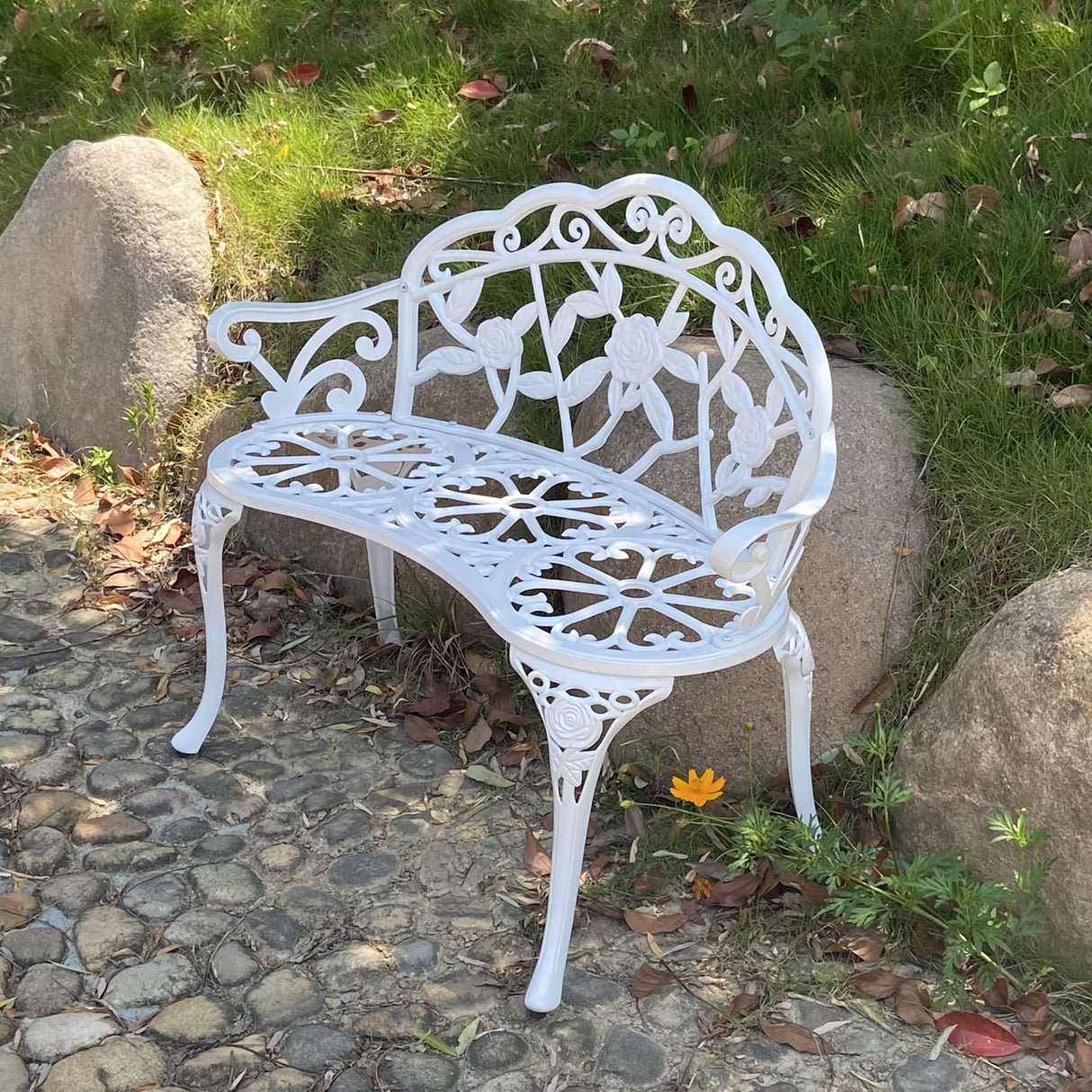 KAILI Garden Bench, Metal Aluminum Rose, Suitable for Garden Porch Park Front Porch Balcony Outdoor (White) KAILI
