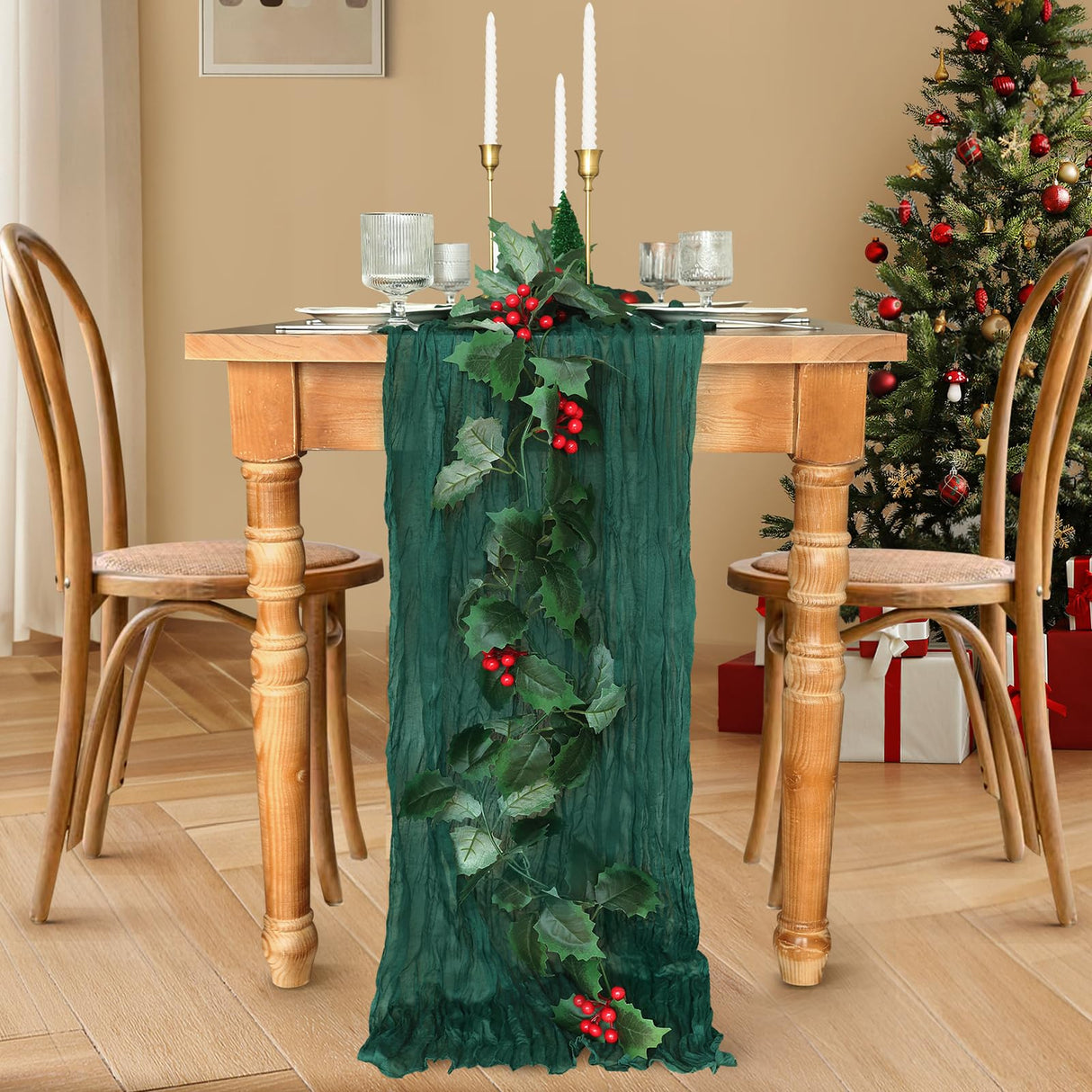 Christmas Table Runner, 10FT Cheesecloth Emerald Green Table Runners 35*120inch Rustic Boho Table Runner for Christmas Indoor Home Kitchen Table Party Decorations Miucat