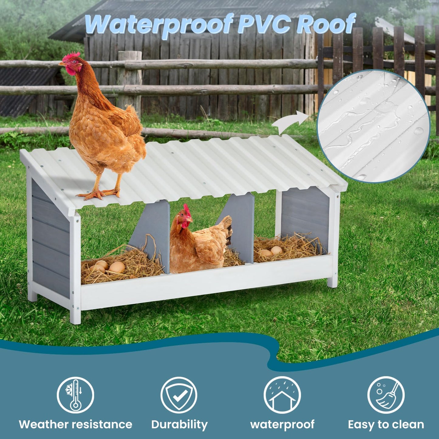 PETSFIT Triple Chicken Nesting Box, Chicken Coop Accessories with PVC Roofing, Versatile Use Wood Nesting Boxes for Hens, Easy to Assemble - WoodArtSupply